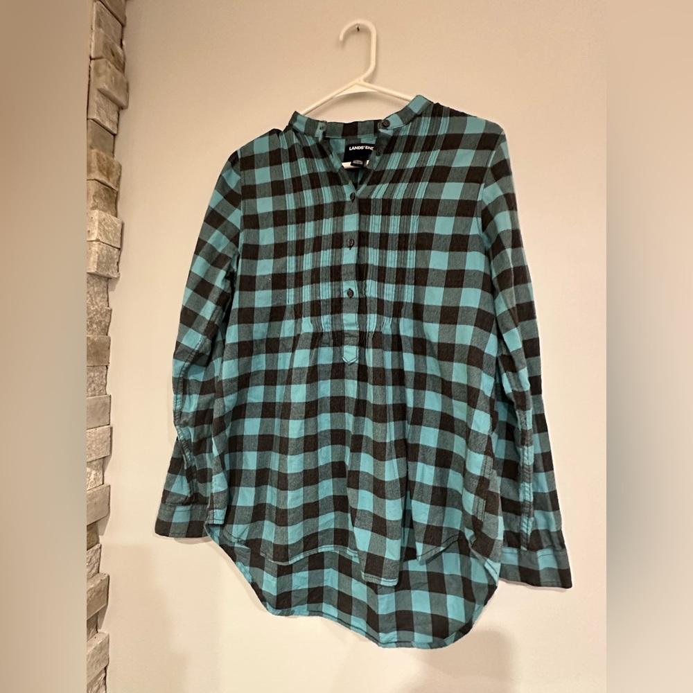 Lands’ End Women’s Tunic Shirt – Blue & Black Buffalo Plaid – Size 8